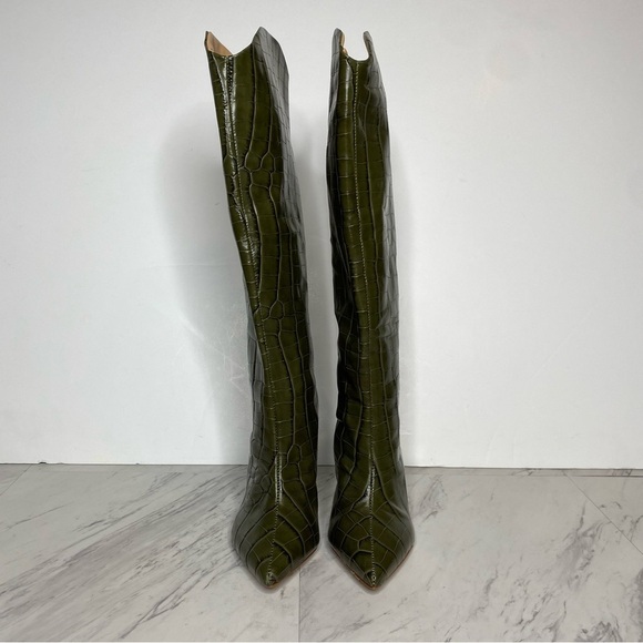 Schutz Maryana Military Green Crocodile Embossed Leather Tall Heeled Boot 5B - Picture 2 of 15
